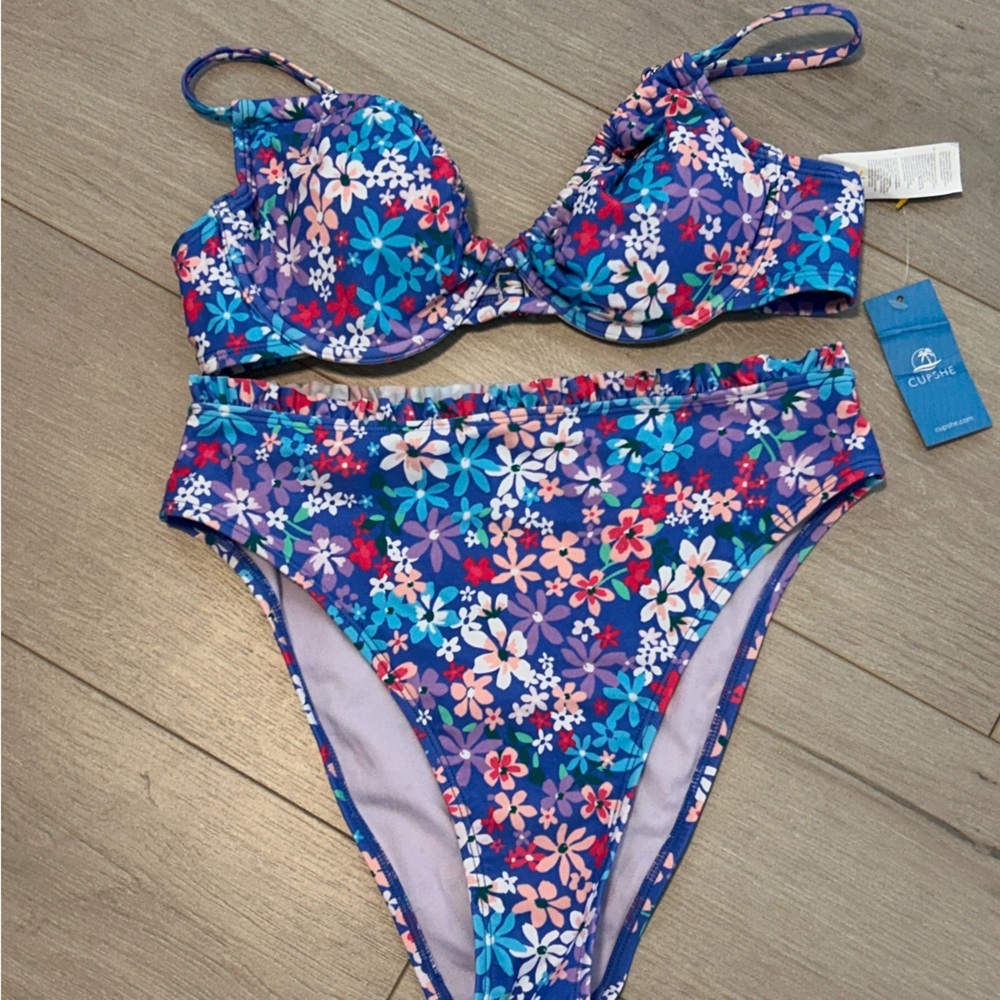 Cupshe Floral Underwire Bikini Set M – Blue High Waist NWT